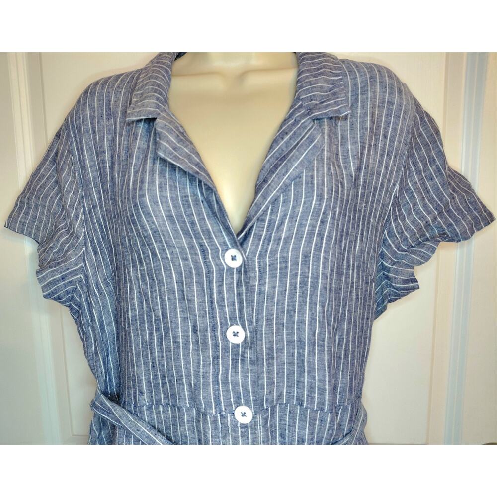 Quince European Linen Button Front Midi Dress Chambray Stripe Size L Coastal NWT - Picture 2 of 14